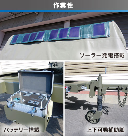 ソーラー発電・バッテリー搭載。上下可動補助脚。
